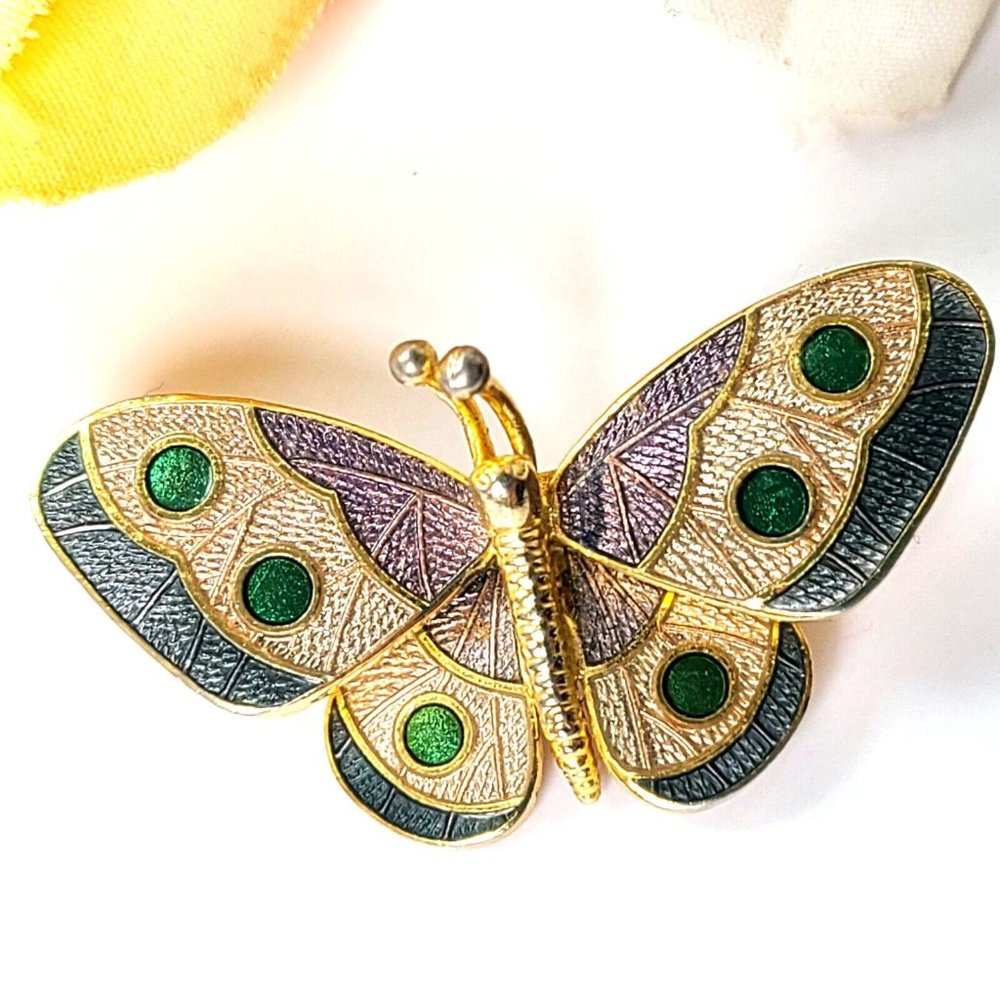 Enamel Butterfly Brooch with Gold Tone Details Marked CROWN